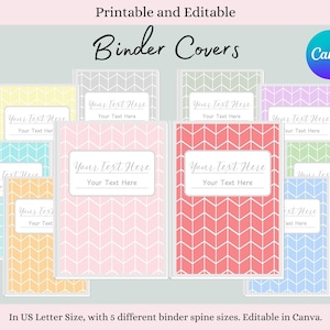 May include: Ten printable and editable binder covers in US Letter size with five different spine sizes. The covers feature a chevron pattern in various pastel colors, including pink, blue, green, yellow, and gray. Each cover has a text box for adding a title or name.