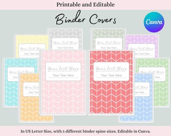 May include: Ten printable and editable binder covers in US Letter size with five different spine sizes. The covers feature a chevron pattern in various pastel colors, including pink, blue, green, yellow, and gray. Each cover has a text box for adding a title or name.