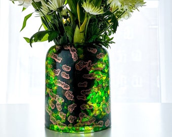 Autumn Green and Copper Hand Painted Large Glass Vase for Flowers, Unique Home Decor, Birthday Gift for Her