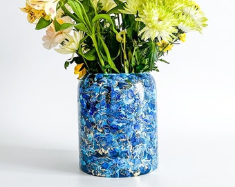 Blue and Gold Hand Painted Large Glass Vase for Flowers, Unique Home Decor, Birthday Gift for Her