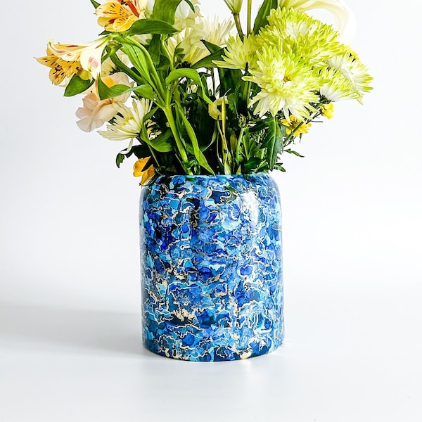 Blue and Gold Hand Painted Large Glass Vase for Flowers, Unique Home Decor, Birthday Gift for Her