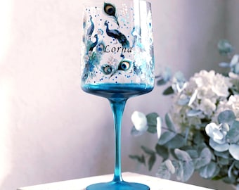 Personalised Peacock Wine Glass | Custom Name Birthday Gift for Her | Milestone Birthday Present