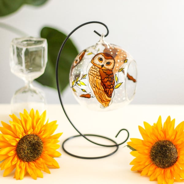 Barn Owl Hand painted Glass Candle Holder, Stain Glass Owl, Unique Shelf Decor