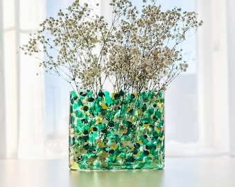 Vase en verre ovale vert émeraude et or, vase décoratif abstrait coloré pour fleurs, cadeau de maison unique pour elle