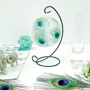 Peacock decor glass candle holder, hand painted tealight holder, peacock decor, unique gift