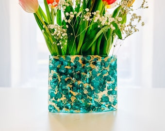 Teal and White Oval Glass Vase, Colorful Abstract Decor Vase for Flowers, Unique Home Gift for Her