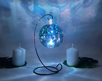 Blue & Silver Glass Candle Holder: Abstract Blue Decor with Metal Stand