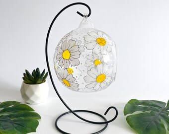 Hand Painted Daisy Glass Tealight Holder with Metal Stand