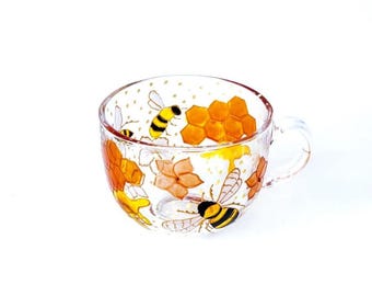Personalized Honey Bee Glass Coffee Mug: Hand-Painted Honeycomb Design