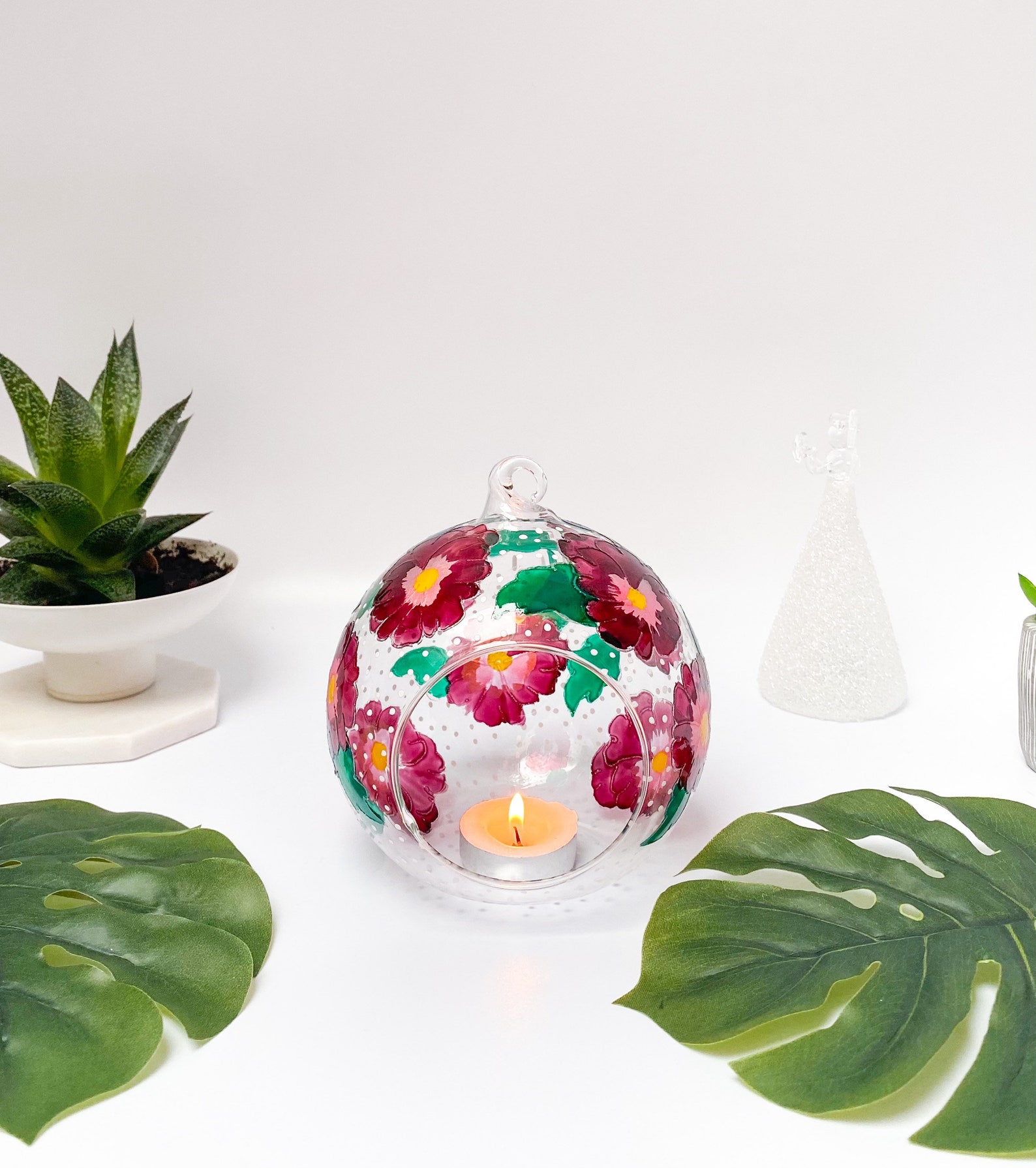 Burgundy Floral Glass Candle Holder Tealight Holder Stain Etsy UK