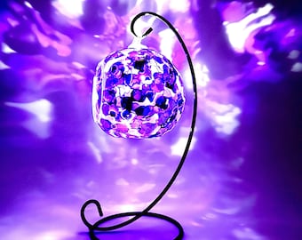Hand Painted Purple Abstract Glass Candle Holder with Metal Stand
