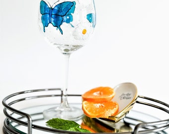 Blue Butterfly and Daisies Wine Glass, Butterfly Gift, Wine Glass Gift, Hand Painted Glassware