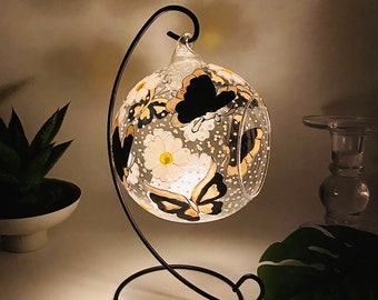 Luxury glass candle holder, gold and black butterfly and daisy, unique gift idea