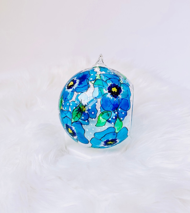 Hand Painted hanging glass candle holder with metal stand, with blue pansies and green leaves. Great choice as a unique gift for Mothers Day, Christmas Gift, Unique Birthday Gift, this glass tealight holder will truly impress the receiver.