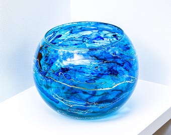 Abstrakt Blau und Gold Glas Teelichthalter, handbemalt, Goldfischglas abstrakte Wohnkultur