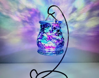 Hand Painted Iridescent Dream Lantern – Celestial Candle Holder with Aurora Light Effect