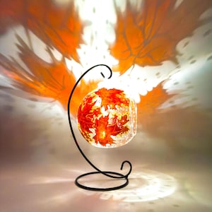 Red maple leaf stain glass tea light holder hand painted home decor candle holder