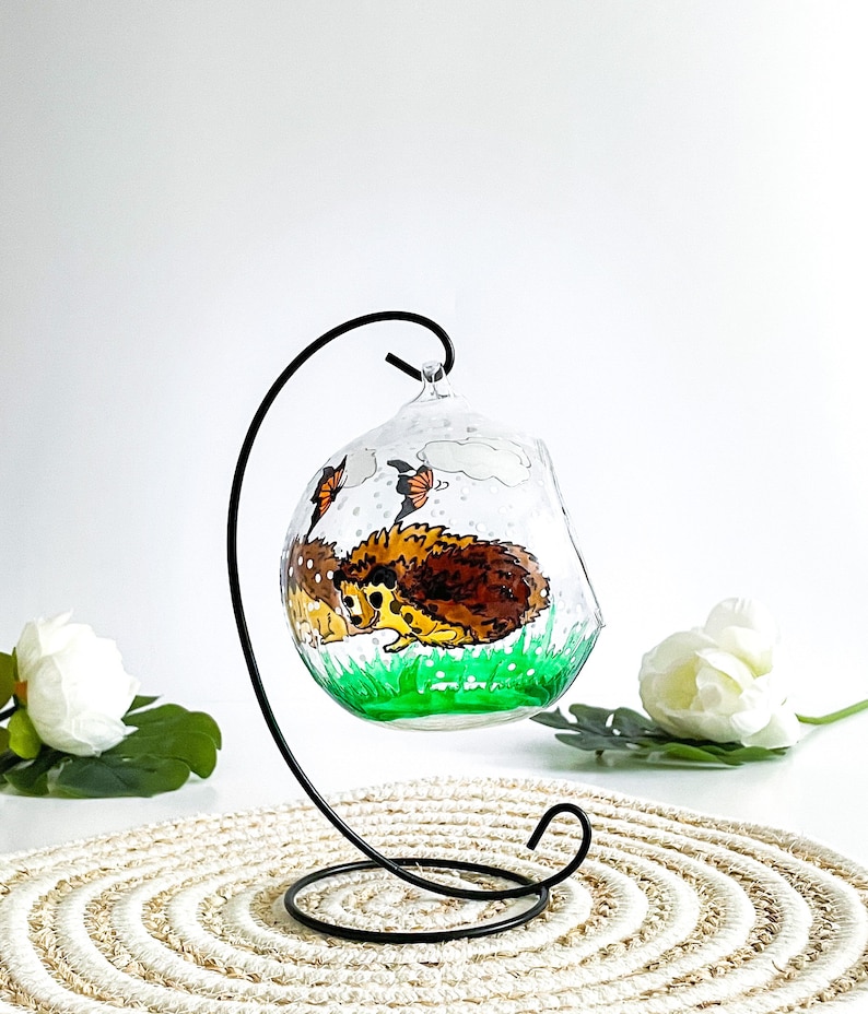 Hand Painted Hedgehog Glass Candle Holder, Hedgehog Home Decor, Hedgehog gift image 7