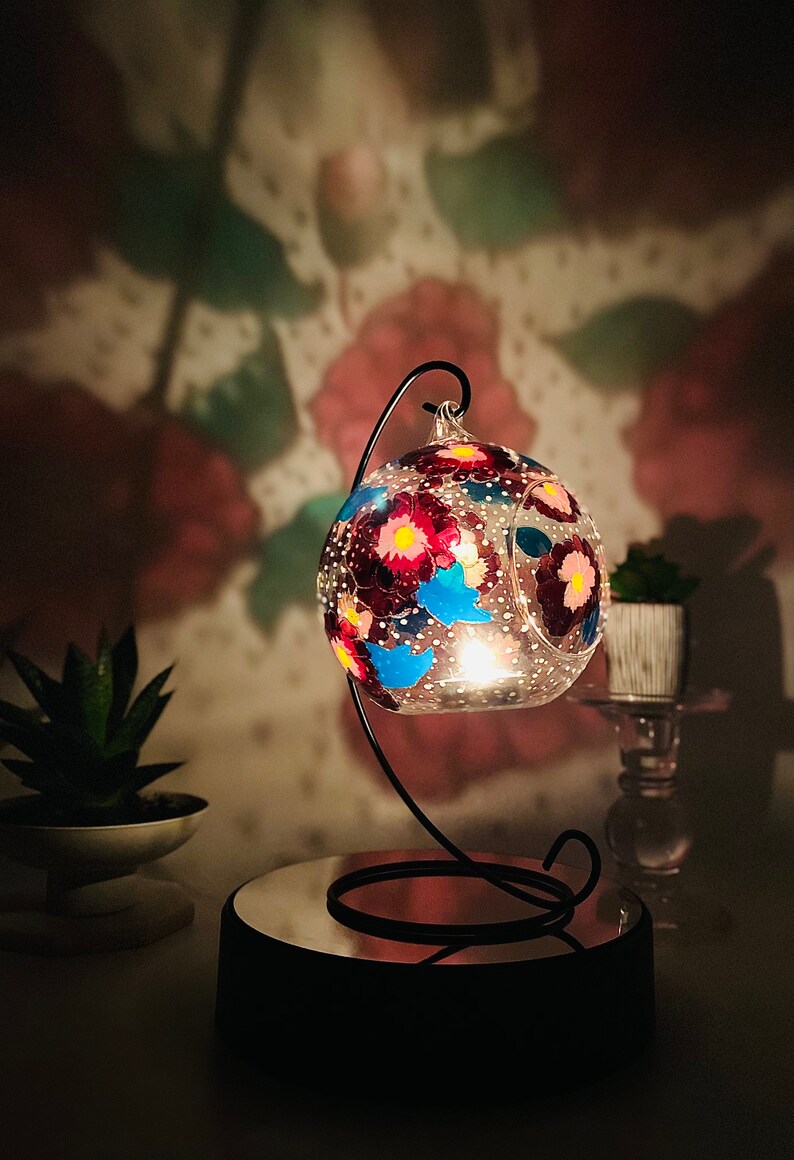 Burgundy Floral Glass Candle Holder Tealight Holder Stain Etsy UK