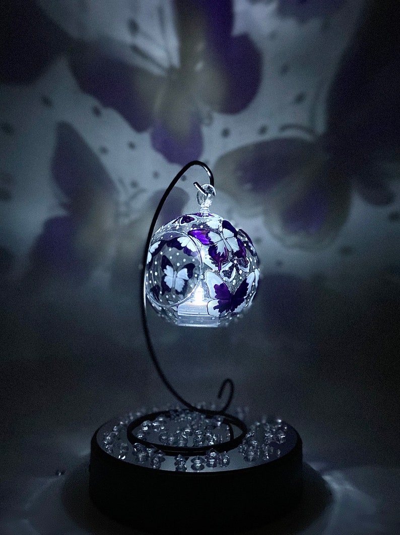Purple butterfly glass candle holder, hand painted tealight holder, butterfly decor unique gift for home 