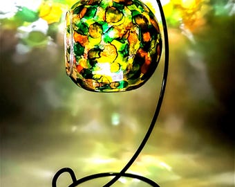 Hand Painted Glass Candle Holder in Abstract Autumn Colours with Metal Stand
