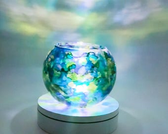 Northern Lights Fish Bowl Glass Candle Holder, Hand Painted , Unique Home Décor Gift