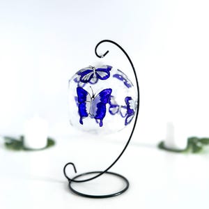 Blue butterfly glass candle holder, tea light holder hand painted, unique gift idea