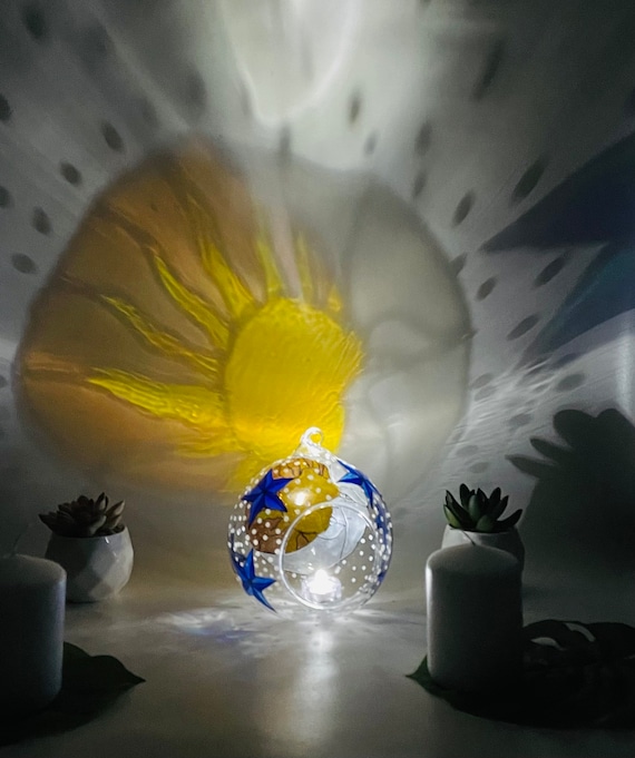 Hand Painted Sun and Moon Glass Candle Holder: Celestial Decor