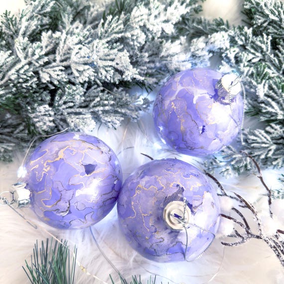 Lila & Gold Glas Weihnachtskugeln - 3er Set - Handbemalt