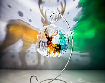 Hand Painted Reindeer in Snow Glass Christmas Bauble, Woodland Winter Handmade Christmas Ornament Gift