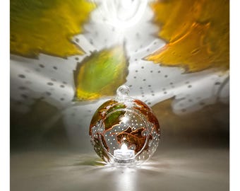 Hand Painted Autumn Leaves Glass Candle Holder - Fall Home Decor
