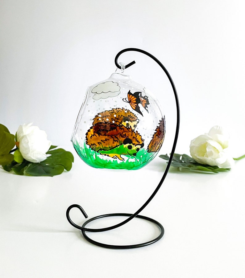 Hand Painted Hedgehog Glass Candle Holder, Hedgehog Home Decor, Hedgehog gift image 2