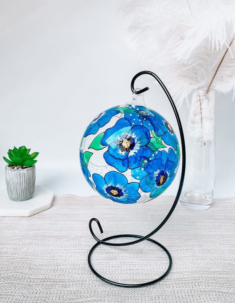 Hand Painted hanging glass candle holder with metal stand, with blue pansies and green leaves. Great choice as a unique gift for Mothers Day, Christmas Gift, Unique Birthday Gift, this glass tealight holder will truly impress the receiver.
