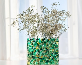 Emerald Green & Gold Glass Vase For Flowers, Abstract Floral Decor