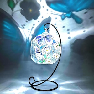 Hand Painted Sky Blue Butterfly Glass Candle Holder with Metal Stand
