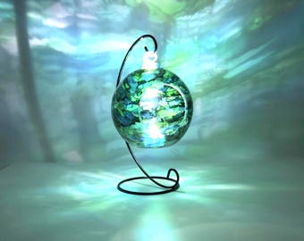 Tropical Ocean Inspired Glass Candle Holder, Hand Painted: Teal, Green and Gold Coastal Decor