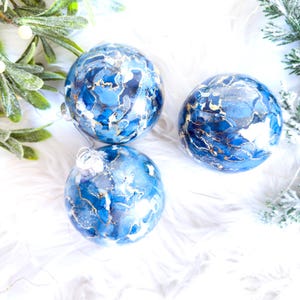 Blue & Gold Glass Christmas Baubles: Holiday Tree Ornaments, Set of 3