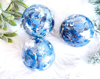 Blue & Gold Glass Christmas Baubles: Holiday Tree Ornaments, Set of 3