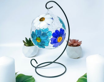 Colourful daisy glass candle holder hand painted stain glass, unique home decor gift