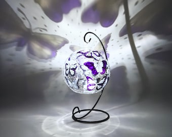 Purple Butterfly Glass Candle Holder - Hand Painted Butterfly Gift