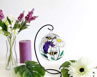 Wild flowers candle holder, With Daisies, Lavender and Bees, unique home decor gift