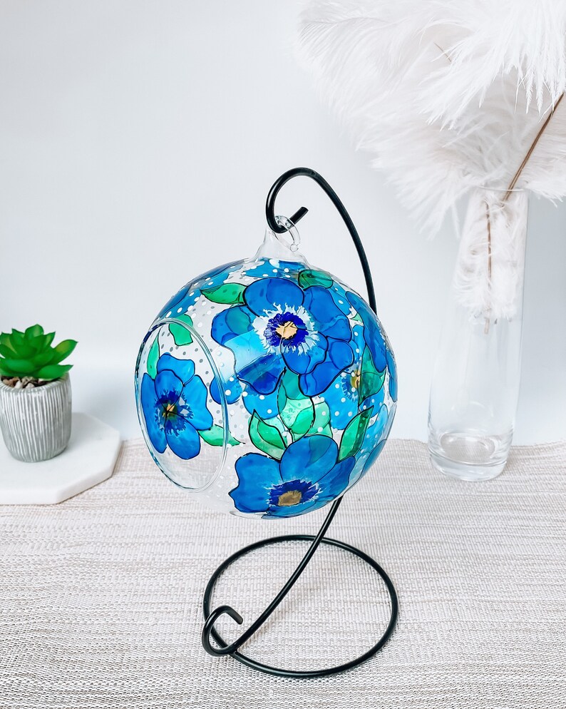 Hand Painted hanging glass candle holder with metal stand, with blue pansies and green leaves. Great choice as a unique gift for Mothers Day, Christmas Gift, Unique Birthday Gift, this glass tealight holder will truly impress the receiver.