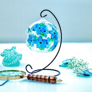 Hand-Painted Forget Me Not Candle Holder: Glass Tealight, Metal Stand