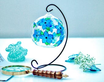 Hand-Painted Forget Me Not Candle Holder: Glass Tealight, Metal Stand