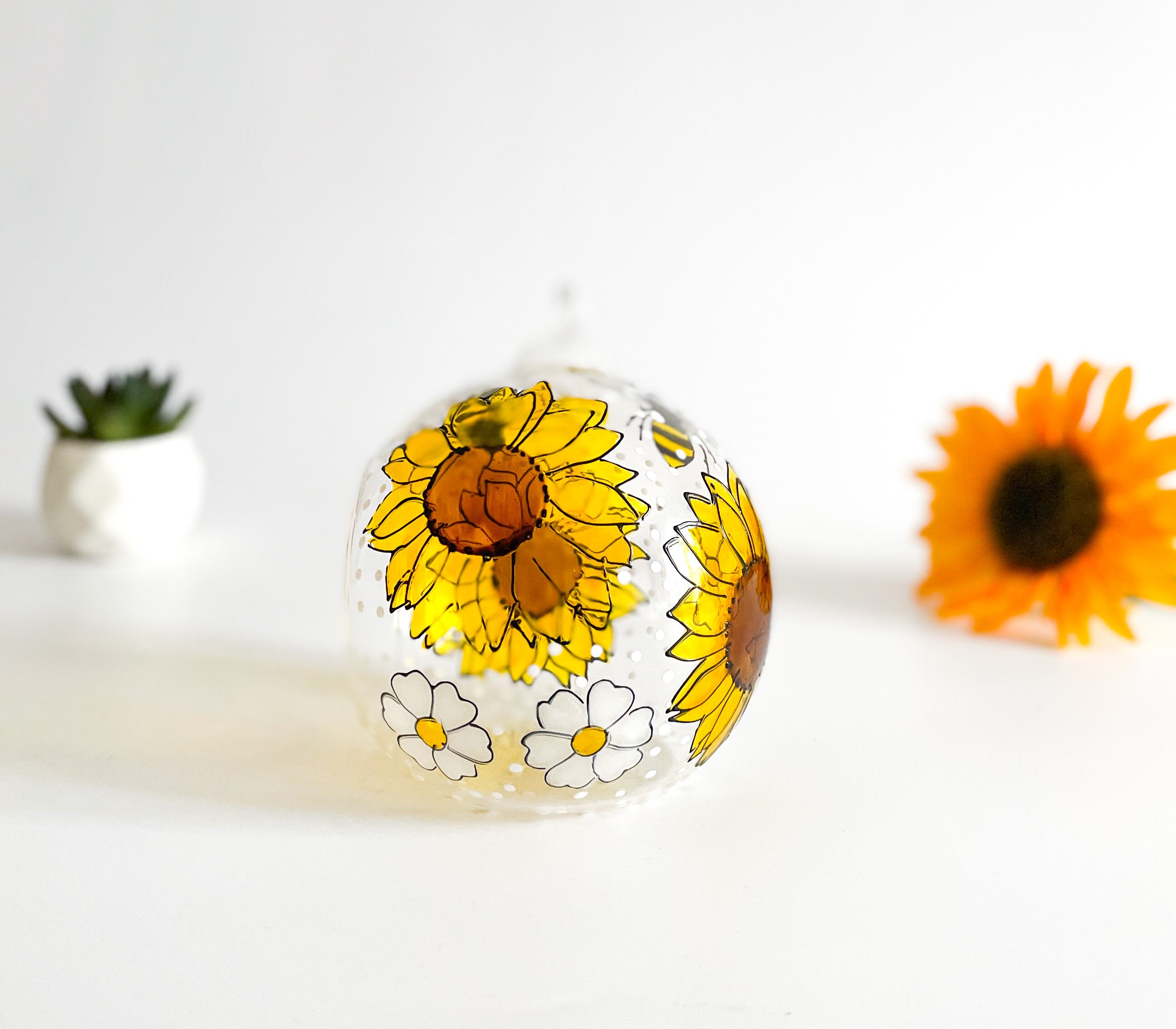 Bees, Sunflowers and Daisies Glass Candle Holder, Sunflower Home Decor,  Unique Home Décor, Candle Gift 