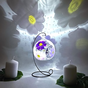 Purple and white daisy glass candle holder, glass tealight holder, hand painted, stain glass candle, Personalised Gift for Her