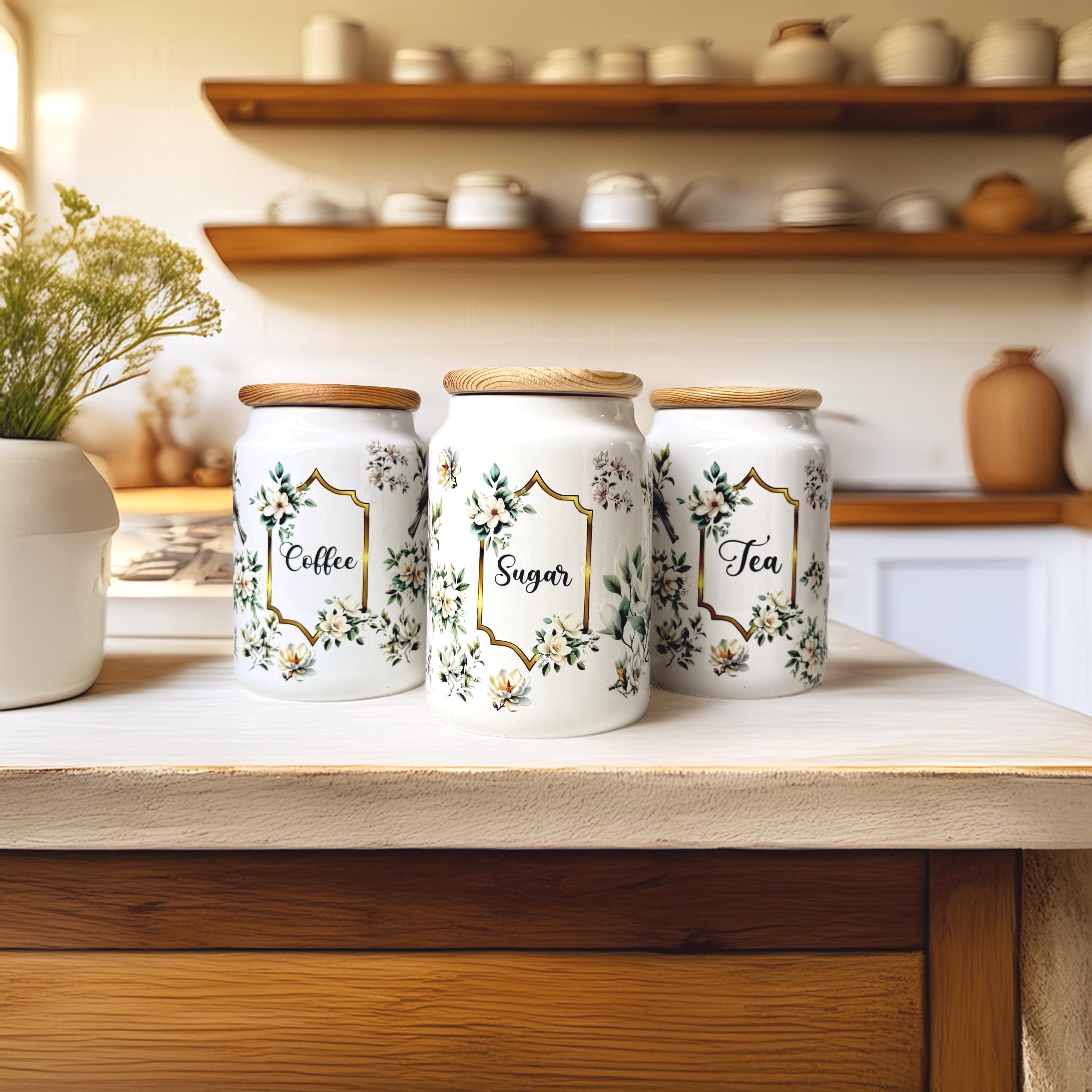 Ceramic Tea Coffee Sugar Canister, Farmhouse Kitchen Storage Jars,…