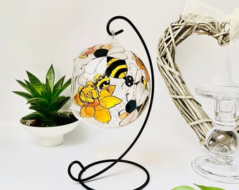 Bumblebee and daffodils, glass candle holder, unique Gift for women