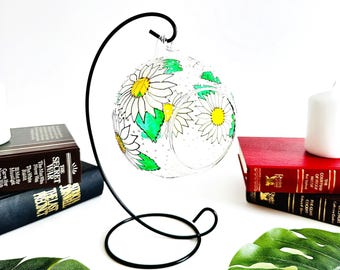 Hand Painted Daisy Flower Glass Candle Holder with Metal Stand