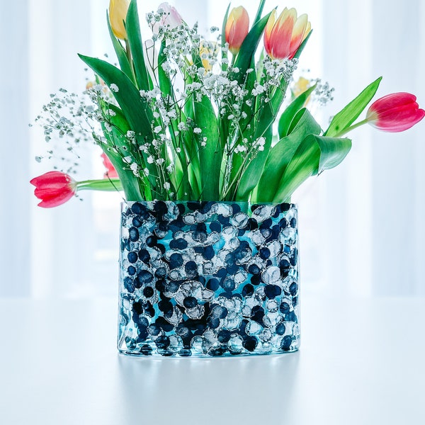 Jarrón de vidrio ovalado plateado y negro, jarrón de decoración abstracta colorida para flores, regalo casero único para ella